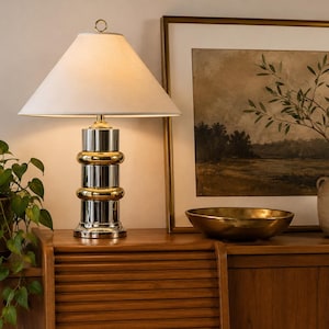 Vintage Chrome & Brass Table Lamp, 1970s Modern Accent Lamp, Hollywood Regency Lighting, Original Shade, Postmodern Table Lamp
