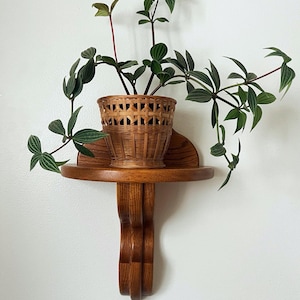 Vintage Oak Wall Shelf, Carved Wood Bracket Shelf, Small Plant Wall Perch
