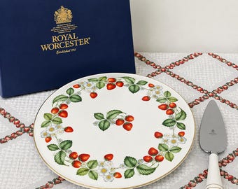 Plato y servidor para pastel de fresas Royal Worcester / Porcelana fina / Hecho en Inglaterra / Plato de servir de 28 cm con caja original