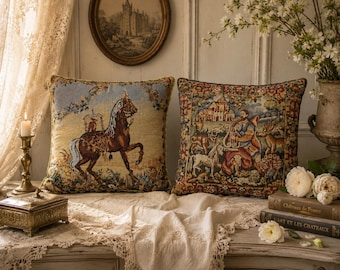 Vintage Tapestry Pillows Set: Chateaucore Horse & Medieval Scene