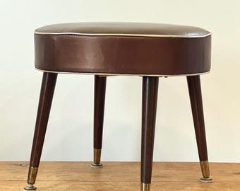 Mid Century Vanity Stool Mattawa Furniture Ontario Round Footstool Brown Vinyl Brass Feet Canadian MCM Seat