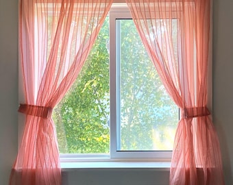 Vintage Peach Sheer Curtain Set: 70s Retro Textured Stripe, 3 Panels