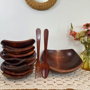 Vintage Baribocraft  Salad Bowl Set – 10 Squared Bowls, Large 12” Bowl, Fork & Spoon |  Mid Century Modern Wood Tableware