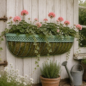 May include: A wall-mounted, oval-shaped planter filled with pink geraniums and greenery. The planter is a light teal color with a decorative lattice design. Trailing ivy and other plants cascade down the side of the planter, creating a lush, garden-like scene.
