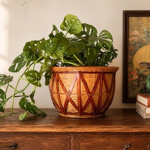 Vintage flätad korgplanter Cachepot | Geometrisk rottingkorg