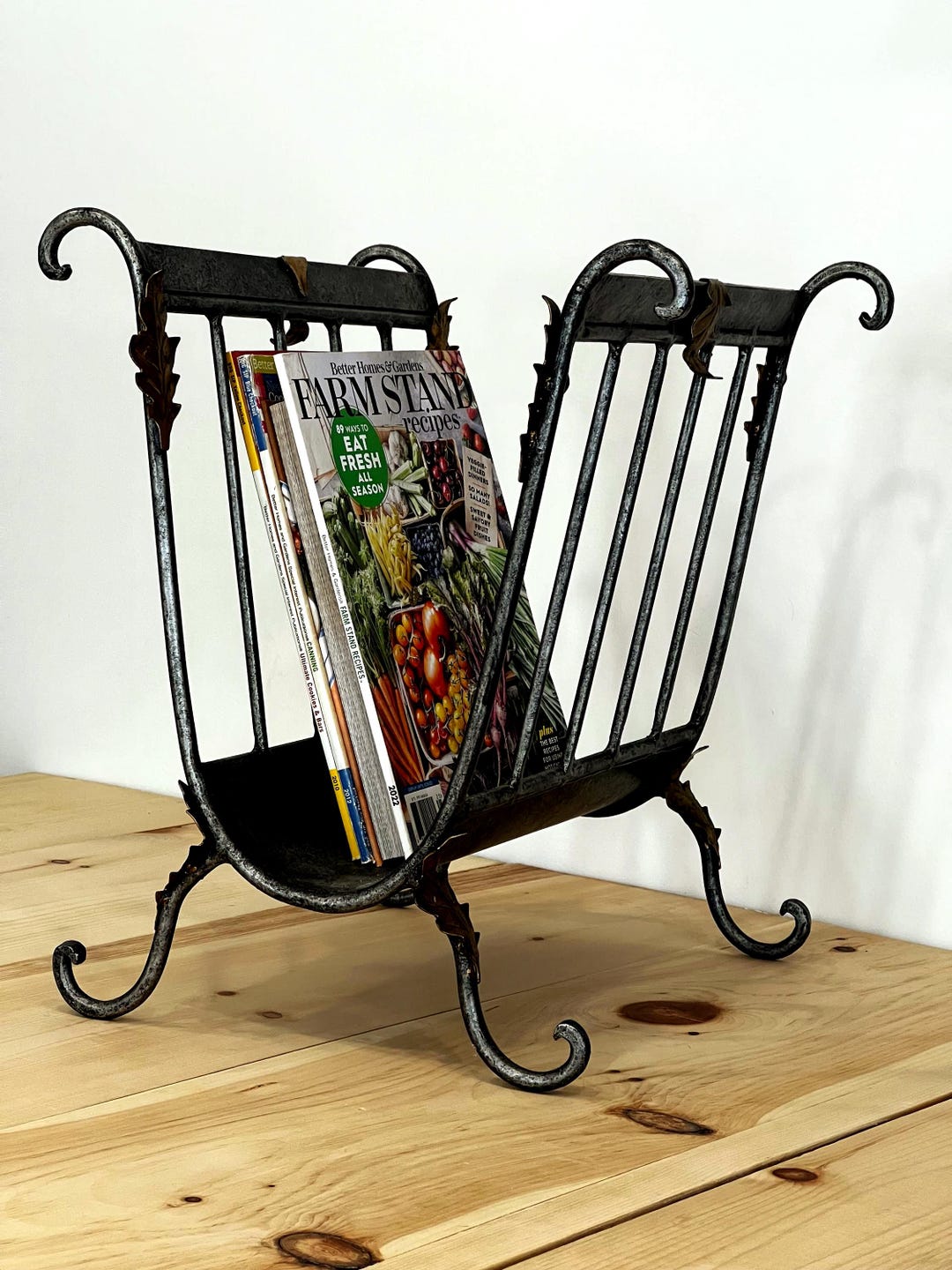 Iron Table Magazine Rack Vintage Wrought Iron Magazine & Record Rack With Leaf Detail - Etsy
