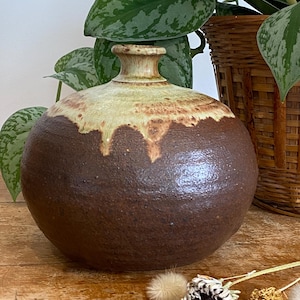 Vintage Studio Pottery Vase — Drip Glaze Earth Tones — Handmade Stoneware