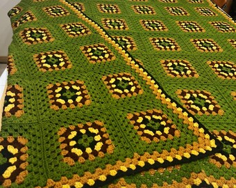 Vintage 1970s Granny Square Blanket, Earth Tone Crochet Afghan, Avocado Green Mustard Brown Throw
