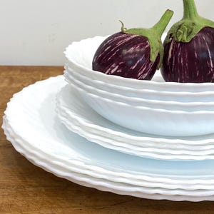 Vintage Arcopal France White Opal Glass Dinnerware Set – 12 Piece Scalloped Plates & Bowls