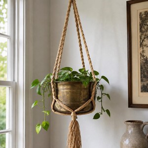 May include: A hanging planter featuring a metallic brass-toned bowl held by a thick, tan twisted rope macrame hanger. The hanger includes a decorative tassel at the bottom and a metal ring at the top for suspension. A green leafy plant sits inside.