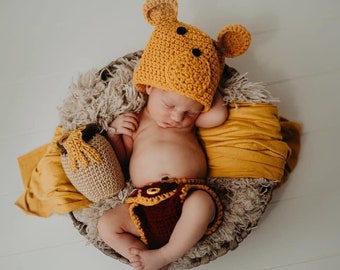 Crocheted Winnie the Pooh diaper cover and beanie