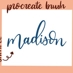 Op de afbeelding: Een voorbeeld van de tekst "madison" gemaakt met een Procreate-penseel. De tekst is geschreven in een cursief lettertype en is donkerblauw van kleur.