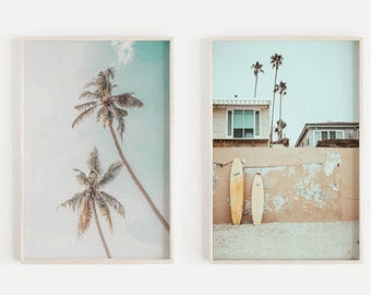Surf Art Set of 2 Prints Beach Decor California Wall Art Set Surfboard Print Palm Trees Print Boho Decor Dorm Decor Printable Beach Poster