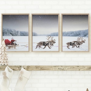 Gallery Wall Set Christmas Prints, Santa Sleigh Reindeer Holiday Decor, Nordic Wall Art Set of 3 Prints, Printable Art, Winter Landscape