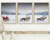 Gallery Wall Set Christmas Prints, Santa Sleigh Reindeer Holiday Decor, Nordic Wall Art Set of 3 Prints, Printable Art, Winter Landscape