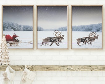 Gallery Wall Set Christmas Prints, Santa Sleigh Reindeer Holiday Decor, Nordic Wall Art Set of 3 Prints, Printable Art, Winter Landscape