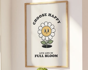 Choose Happy Motivational Poster, Retro Quote Printable Wall Art, Classroom Positive Mantra Poster, Trendy 70's Print, Retro Character Quote