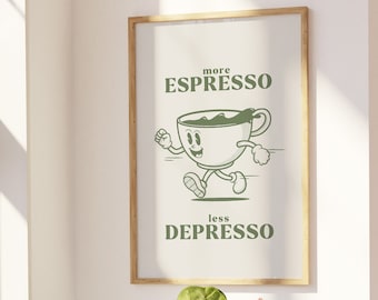 Mehr Espresso Kaffee Poster, Retro Kaffee Poster, Küche Wand Kunst, Kaffee Zitat, 70er Retro Kunst, Digitaldrucke, Kaffee Liebhaber druckbare Kunst