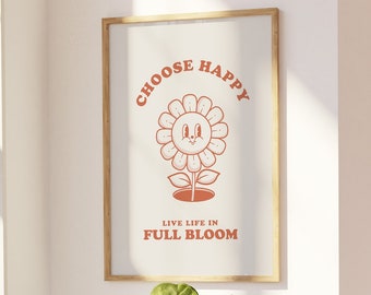 Choose Happy Retro Positive Mantra Poster, Retro Quote Printable Wall Art, Motivational Poster, Retro Flower Trendy 70's Digital Print