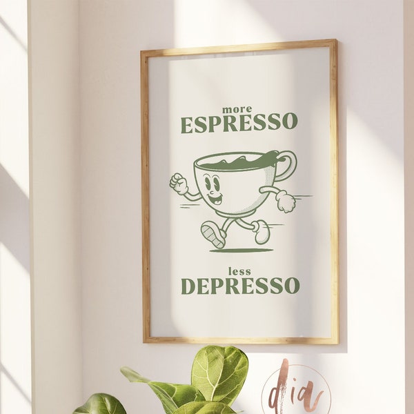 Poster di caffè espresso, stampa di caffè retrò, arte della parete della cucina, citazione del caffè, arte retrò degli anni '70, stampe digitali, arte stampabile per gli amanti del caffè