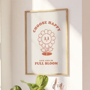 Elija cartel de mantra positivo retro feliz, arte de pared imprimible con cita retro, cartel motivacional, impresión digital de moda de flores retro de los años 70