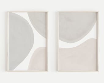 2 Piece Mid Century Modern Abstract Wall Art, Neutral Tones Art Set Large Modern Wall Art Scandinavian Minimalist Decor Beige Grey Printable