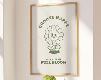 Choose Happy Retro Quote Printable Wall Art, Motivational Poster, Positive Mantra Poster, Retro Flower Trendy 70's Print, Digital Print