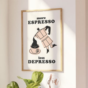 Retro Coffee Poster, More Espresso Less Depresso, Coffee Quote, 70s Retro Art, Kitchen Poster, Digital Prints, Coffee Lover Poster Aesthetic