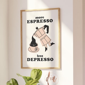 Cartel de café retro, Más espresso menos depresso, cita de café, arte retro de los años 70, cartel de cocina, impresiones digitales, estética del cartel amante del café