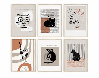 Set di stampe artistiche di gatti di 6 stampe, stampe di mostre di gatti astratti, poster di gatti Boho, decorazioni per gli amanti dei gatti, set di gallerie a parete, idea regalo per gli amanti dei gatti