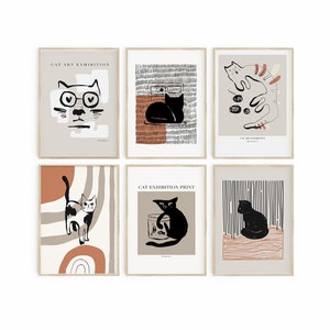Katze Kunstdruck Set 6 Drucke, Abstrakte Katzen Ausstellung Drucke, Boho Katzen Poster, Katzenliebhaber Dekor, Wand Galerie Set, Katzenliebhaber Geschenkidee