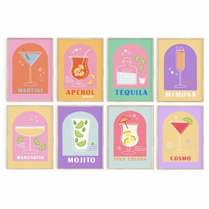 Conjunto de impresión de cócteles de 8, decoración de pared preppy, impresiones coloridas de carritos de bar, descarga digital, carteles de cócteles retro, tequila Aperol Cosmo Martini