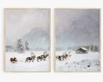 Christmas Wall Art Set of 2 Prints, Santa Sleigh Reindeer Holiday Decor, Nordic Print Set, Printable Art, Winter Landscape, Scandi Christmas