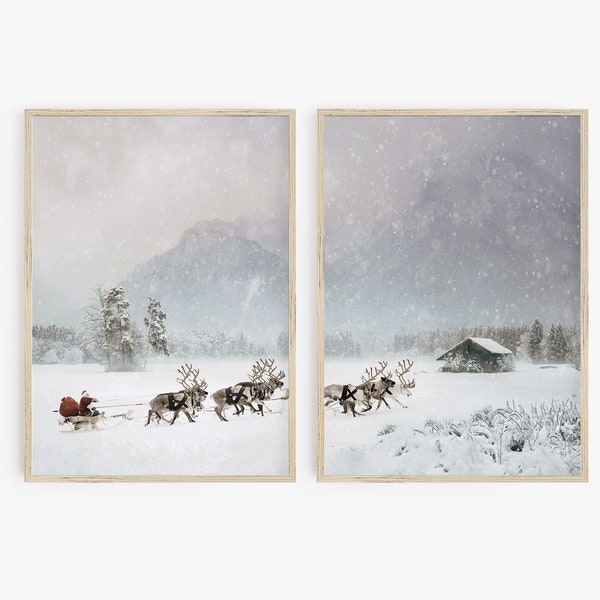 Christmas Wall Art Set of 2 Prints, Santa Sleigh Reindeer Holiday Decor, Nordic Print Set, Printable Art, Winter Landscape, Scandi Christmas