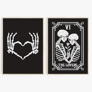 2er Set Skelett Drucke, Liebhaber Tarot Karte, Halloween Poster Set, Skelett Herz Poster, Dark Valentine Decor, Dark Gothic Cottagecore Art