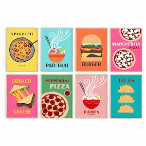 Food Poster Bundle Set, Preppy Room Decor, Pizza Tacos Ramen Pasta, Maximalist Decor, Trendy Wall Art, Retro Pop Art Bright Fun Food Prints