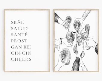 Cheers Printable Poster Set of 2, Cheers Sign, Bar Cart Print, Cocktail Print, Bar Cart Art, Prost Salud Skal Cin CIn, Cheers Wall Art Print