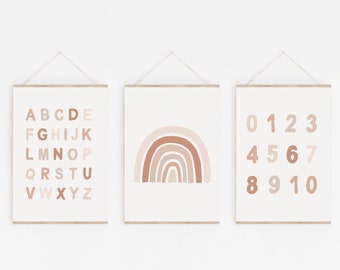 Neutral Rainbow Wall Art Set of 3 Prints Muted Alphabet Poster Gender Neutral Nursery Decor Printable Wall Art Playroom Art Kids Room Decor