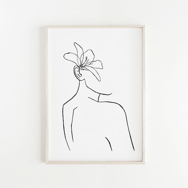 Línea de cuerpo femenino arte impresión flor línea dibujo impresión minimalista arte de pared moderno arte descargable cartel imprimible decoración del dormitorio femenino