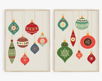 Retro Holiday Print Set of 2, Christmas Wall Art, Baubles Print, Mid Century Modern Holiday Decor, Vintage Christmas Prints, Printable Art