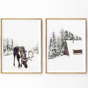Winter Wall Art Set of 2 Prints Moose in Snow Print Log Cabin in Woods Prints Winter Themed Decor Rustic Decor Farmhouse Christmas Chalet