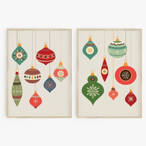 Retro Holiday Print Set of 2, Christmas Wall Art, Baubles Print, Mid Century Modern Holiday Decor, Vintage Christmas Prints, Printable Art