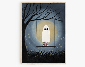 May include: A white ghost wearing red and white striped socks sits on a swing in a dark blue forest. The ghost has two black eyes and a yellow moon shines behind it.