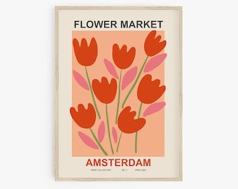 Stampa di poster del mercato dei fiori Amsterdam Tulip Wall Art Stampa di fiori astratti Poster stampabile Poster della mostra Poster botanico Fiori retrò