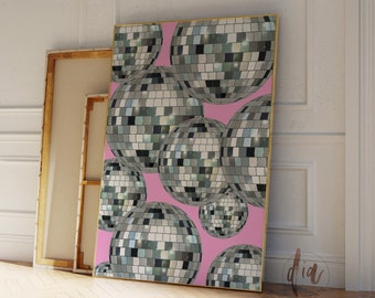 Retro Disco Ball Print, Pink Preppy Wall Art, Retro Poster, Silver Disco Balls, Trendy Wall Art, Girly Prints, Funky Apartment Aesthetic