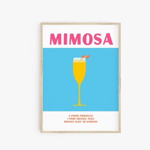 Mimosa Posterdruck, Bar Cart Druck, Cocktail Druck, adrettes Raumdekor, Prosecco Orangensaft, maximalistisches Dekor, adrette Poster druckbare Kunst