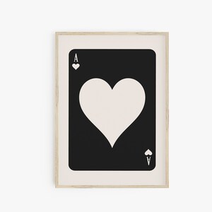 Poster cuore nero, arte da parete alla moda, carta da gioco asso di cuori, stampa digitale, estetica della stanza retrò, arte stampabile, stampa da parete della galleria