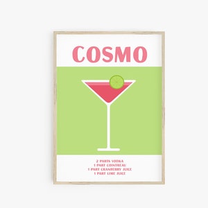 Cosmopolitan Recipe Print, Cosmo Cocktail Print, adrettes Zimmer Dekor Bunte Cocktail Wand Kunst Maximalist Decor Pink Grün Bar Cart Printable