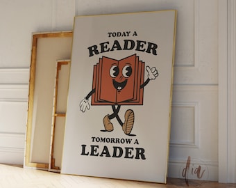 Arte de la pared del aula, cartel de lectura, personaje de mascota de dibujos animados de libro retro, impresión digital de cita positiva, impresión de arte de los años 70 educación en el hogar imprimible