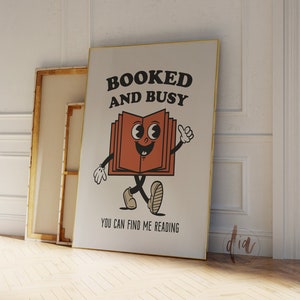 Arte de la pared del aula, cartel de lectura, dibujos animados de libros retro, personaje de mascota, impresión digital reservada y ocupada, impresión de arte de los años 70, arte imprimible de moda